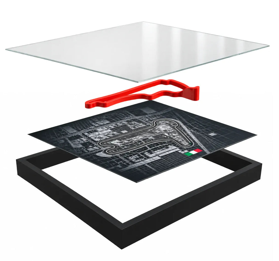 Vista explotada: cristal, circuito 3D, lámina y marco